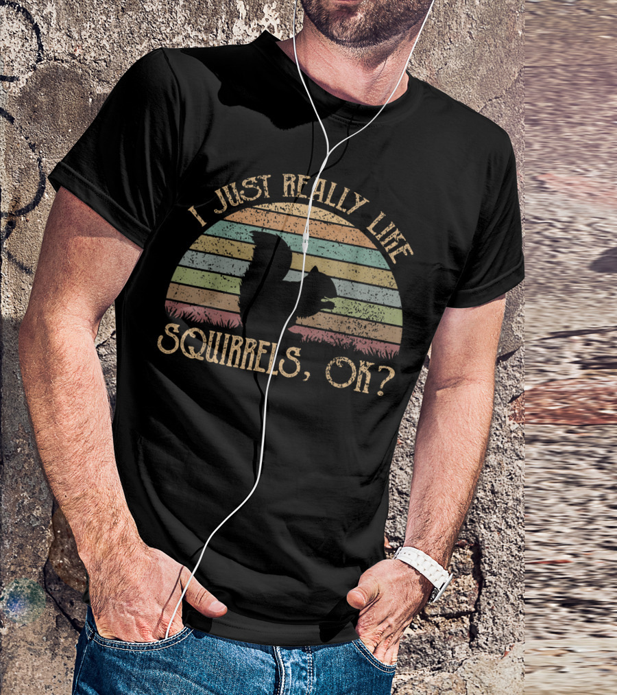 I Just Really Like Squirrels OK Vintage Retro Stripes T-Shirt