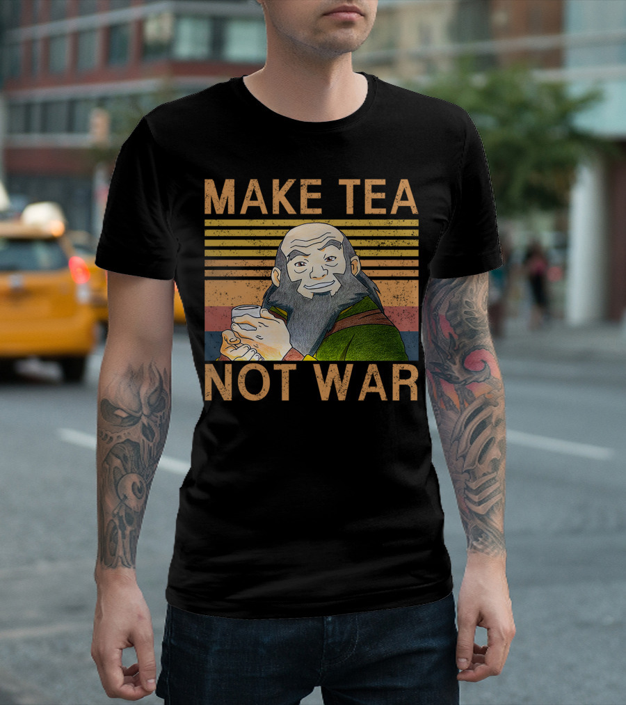 Make Tea Not War Peaceful Samurai Tea Drinker Vintage Style Stripe Background T-Shirt