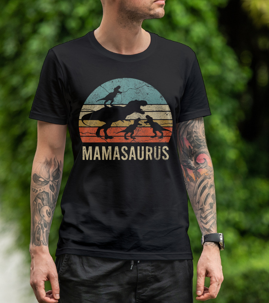 Mamasaurus Dinosaur With Three Kids Retro T-Shirt