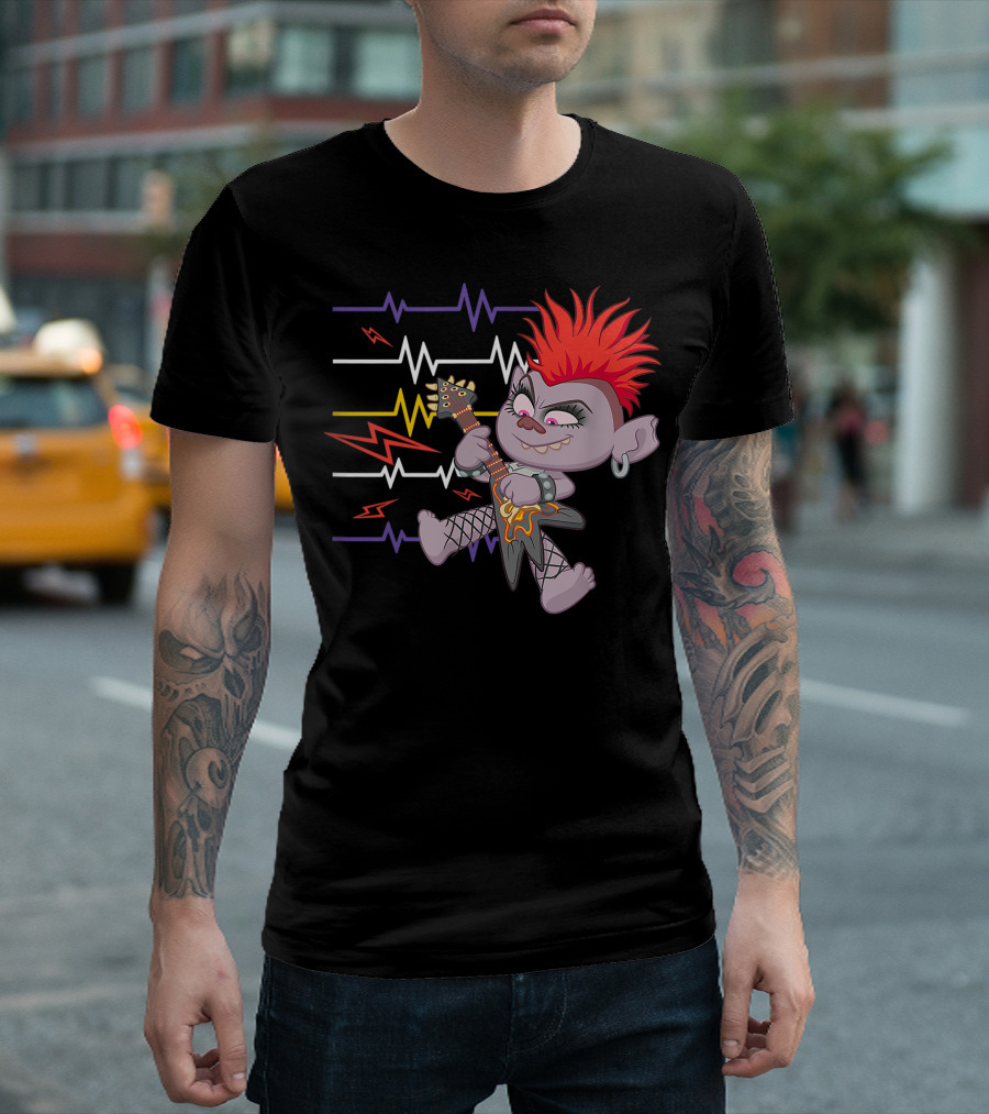 Trolls World Tour Barb Rocking with Electric Guitar and Colorful Sound Waves T-Shirt