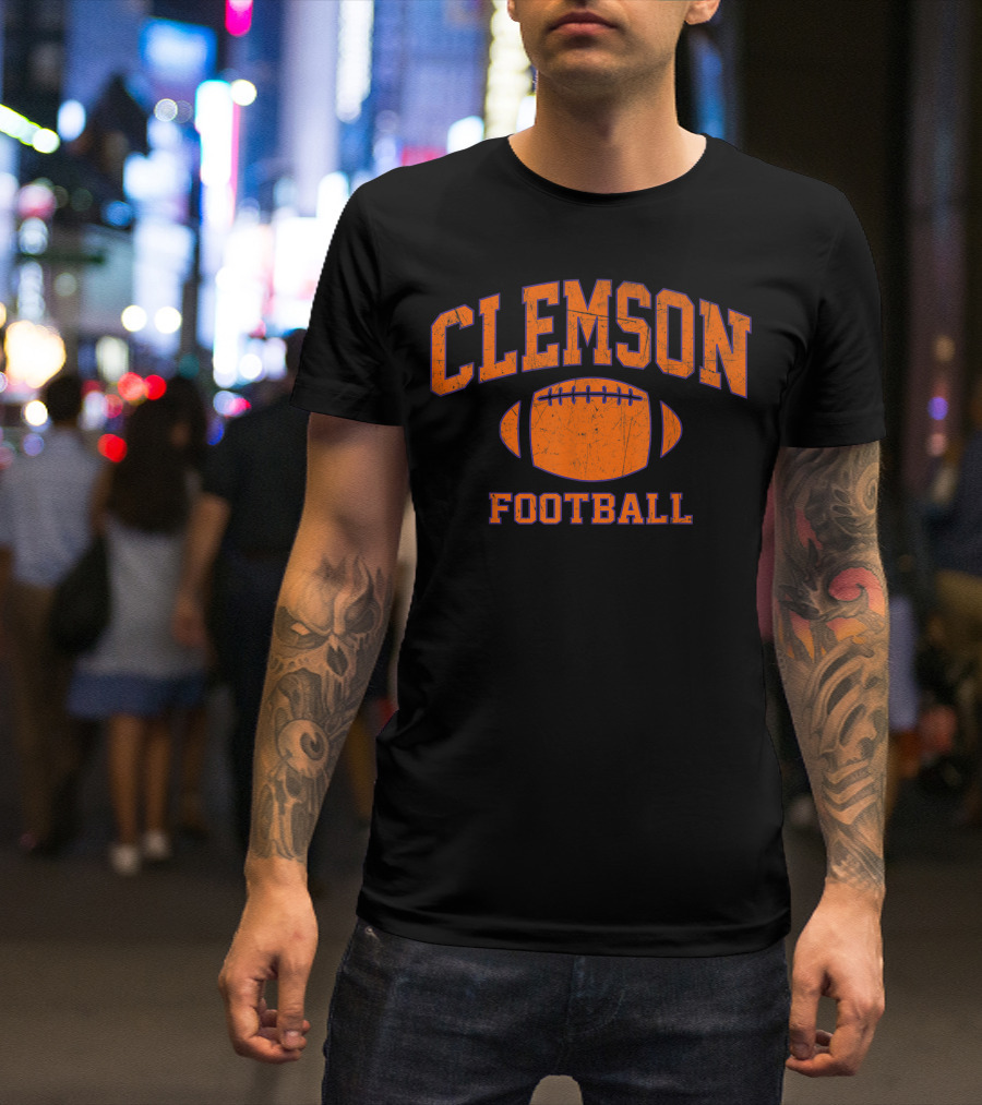 Clemson Football Vintage Varsity Style With Distressed Football T-Shirt