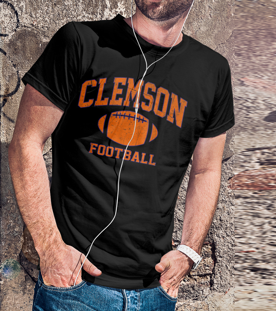 Clemson Football Vintage Varsity Style With Distressed Football T-Shirt