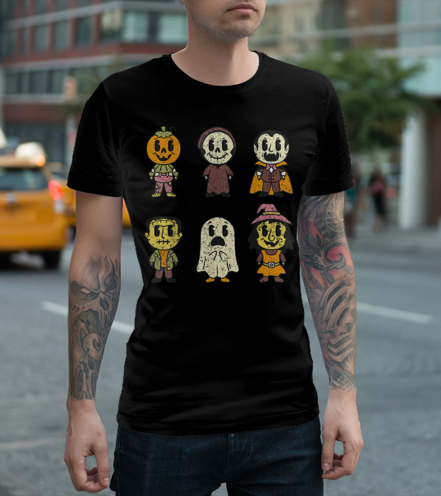 Vintage Halloween Pumpkin Witch Ghost Vampire Frankenstein Cartoon Characters T-Shirt