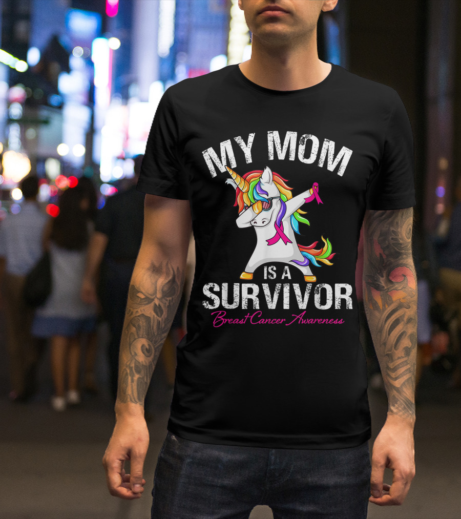 MY MOM IS A SURVIVOR BREAST CANCER AWARENESS UNICORN DAB DANCE T-Shirt