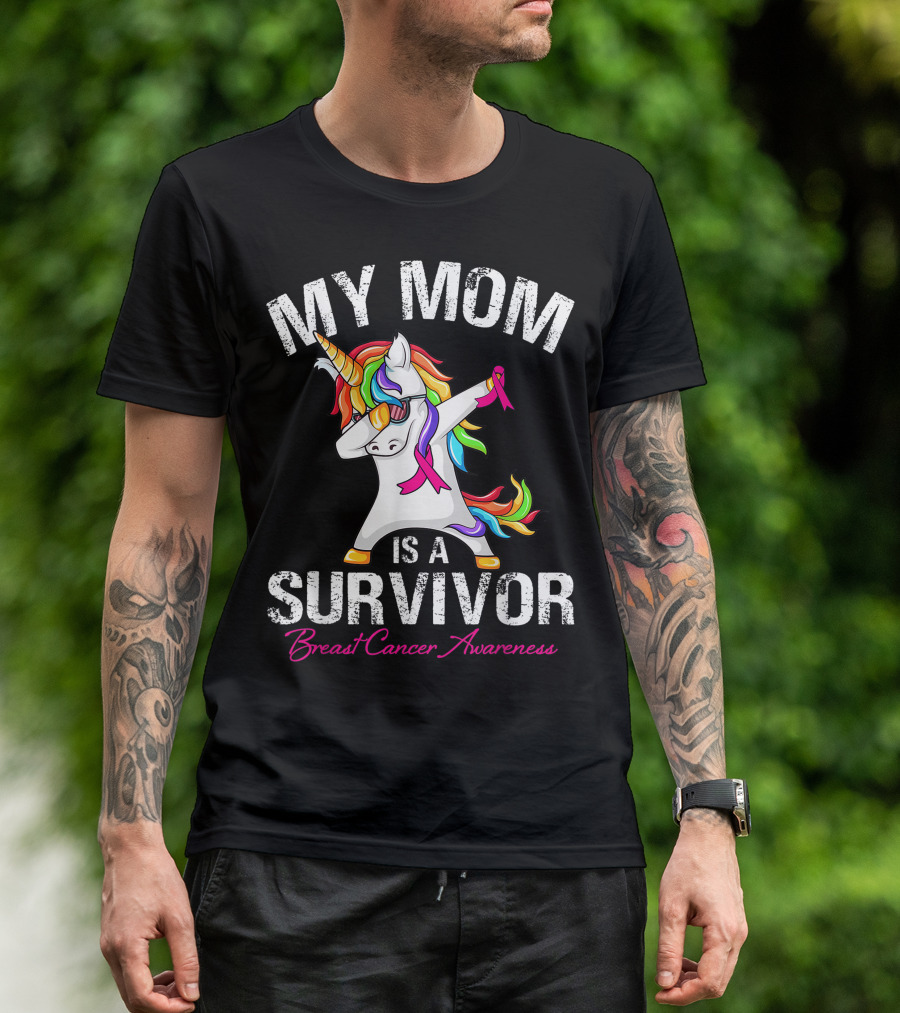 MY MOM IS A SURVIVOR BREAST CANCER AWARENESS UNICORN DAB DANCE T-Shirt