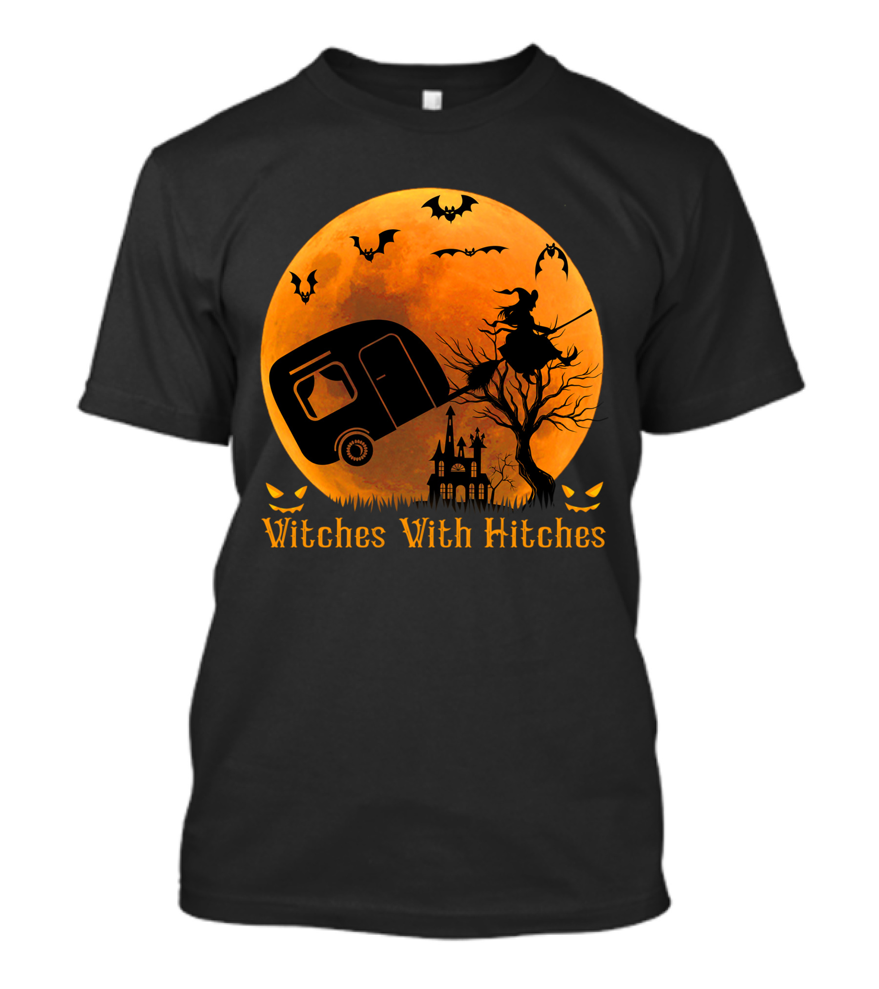Witches With Hitches Halloween Camper Camping Moon With Bats And Haunted House T-Shirt
