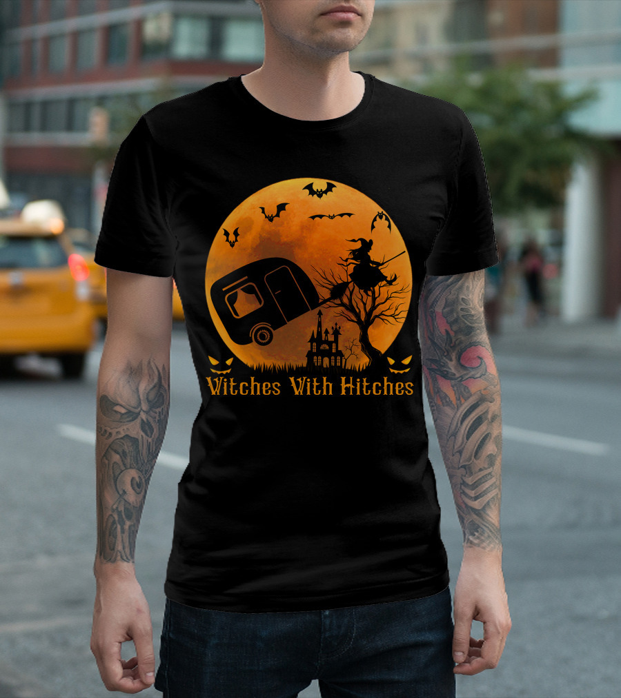 Witches With Hitches Halloween Camper Camping Moon With Bats And Haunted House T-Shirt