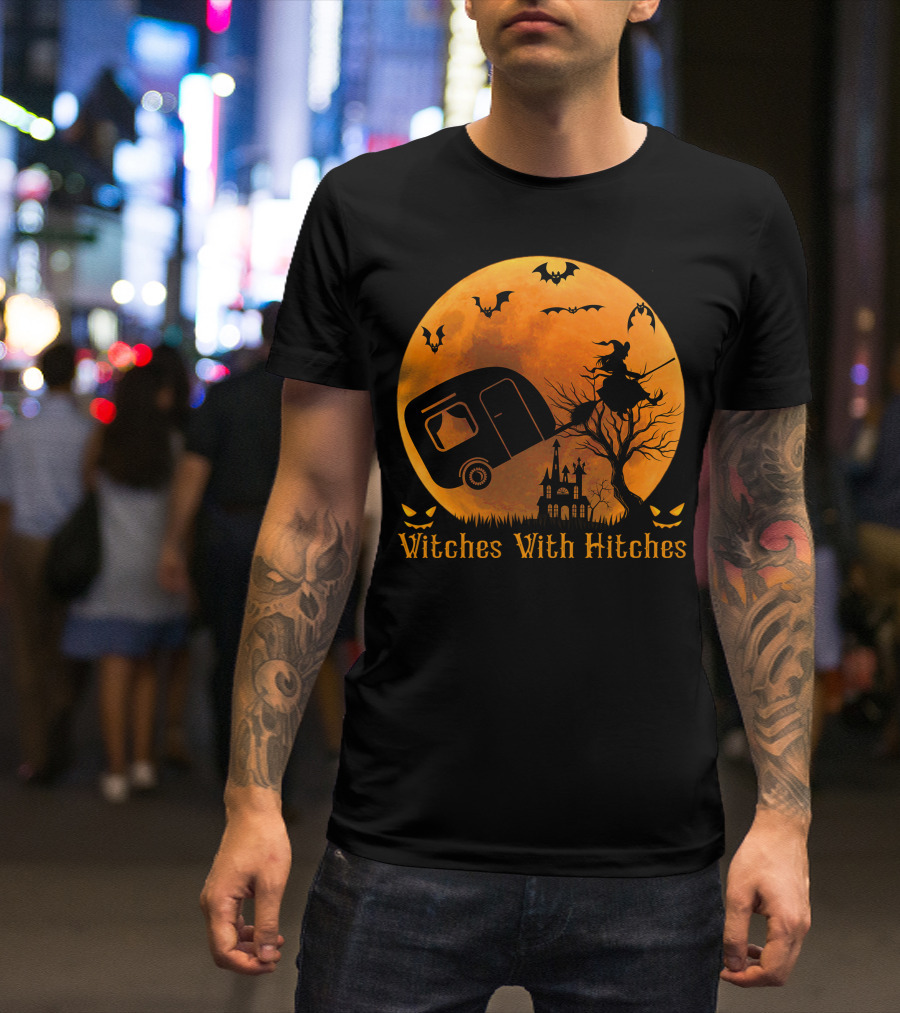 Witches With Hitches Halloween Camper Camping Moon With Bats And Haunted House T-Shirt