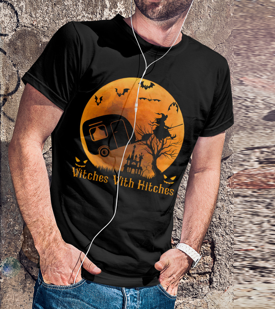 Witches With Hitches Halloween Camper Camping Moon With Bats And Haunted House T-Shirt