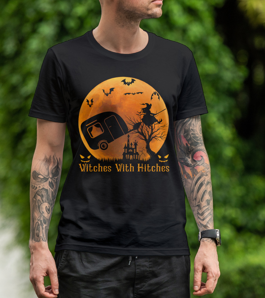 Witches With Hitches Halloween Camper Camping Moon With Bats And Haunted House T-Shirt