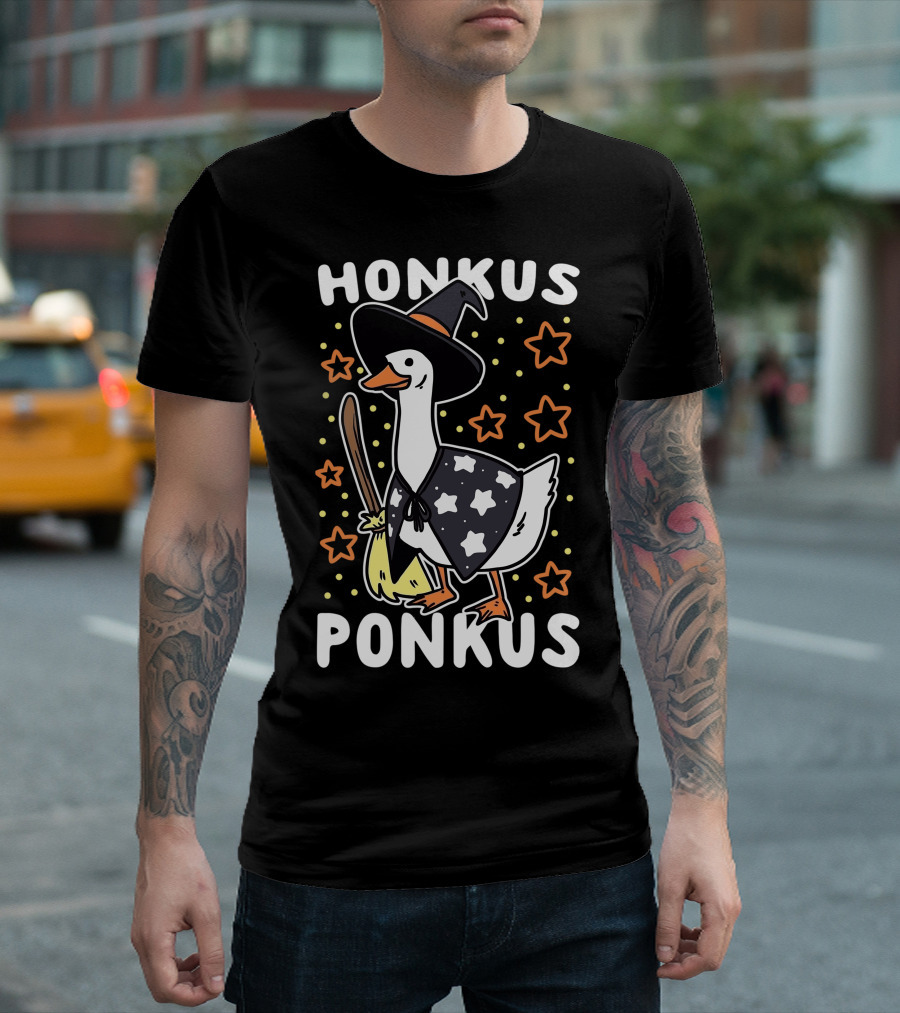 Honkus Ponkus Goose Meme Halloween Witch Hat Costume With Stars And Broom T-Shirt