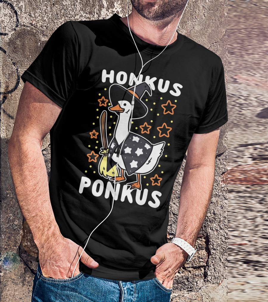 Honkus Ponkus Goose Meme Halloween Witch Hat Costume With Stars And Broom T-Shirt