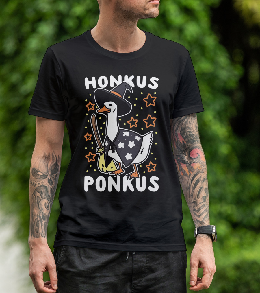 Honkus Ponkus Goose Meme Halloween Witch Hat Costume With Stars And Broom T-Shirt