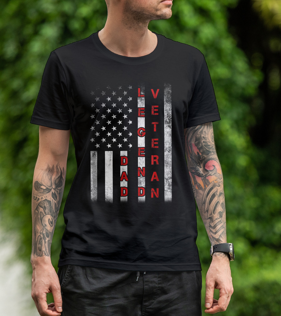 Distressed American Flag Veteran Dad Legend Vertical Text Patriotic T-Shirt
