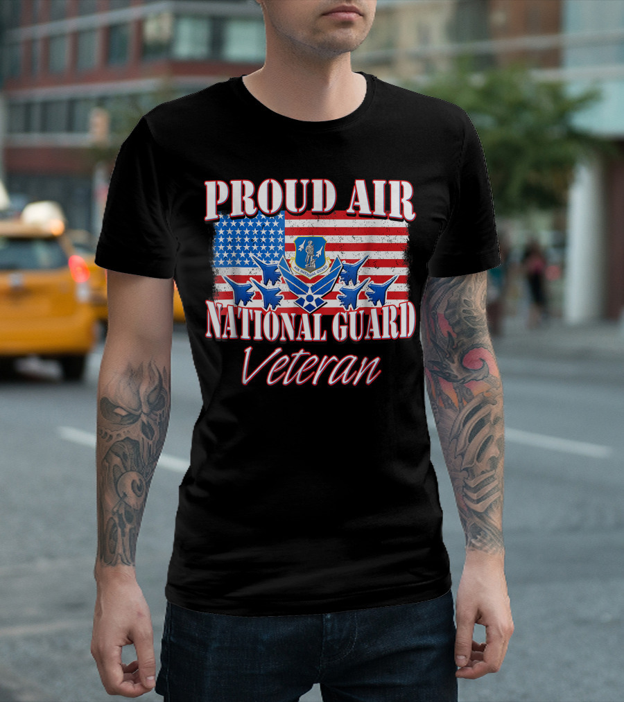Proud Air National Guard Veteran USA Air Force American Flag Jets Badge T-Shirt