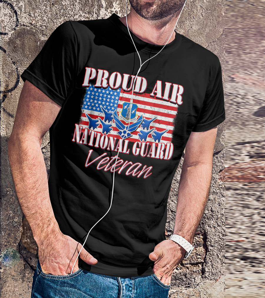 Proud Air National Guard Veteran USA Air Force American Flag Jets Badge T-Shirt