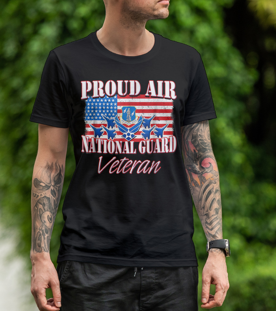 Proud Air National Guard Veteran USA Air Force American Flag Jets Badge T-Shirt