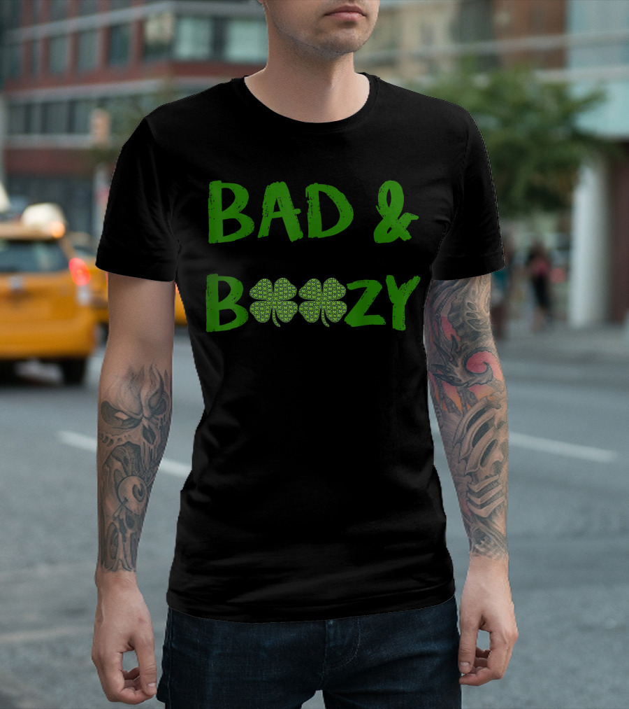BAD And BOOZY Shamrock Pattern Green Text T-Shirt
