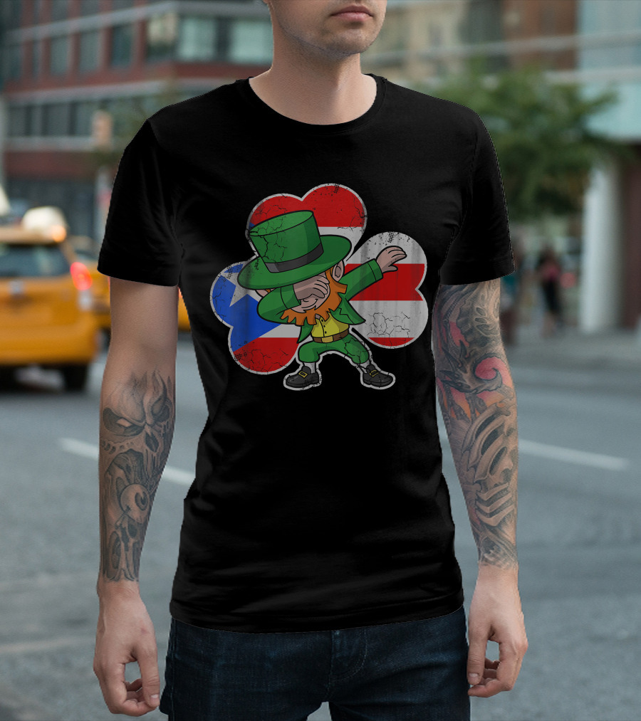 Leprechaun Dabbing Irish Puerto Rico Shamrock Flag T-Shirt