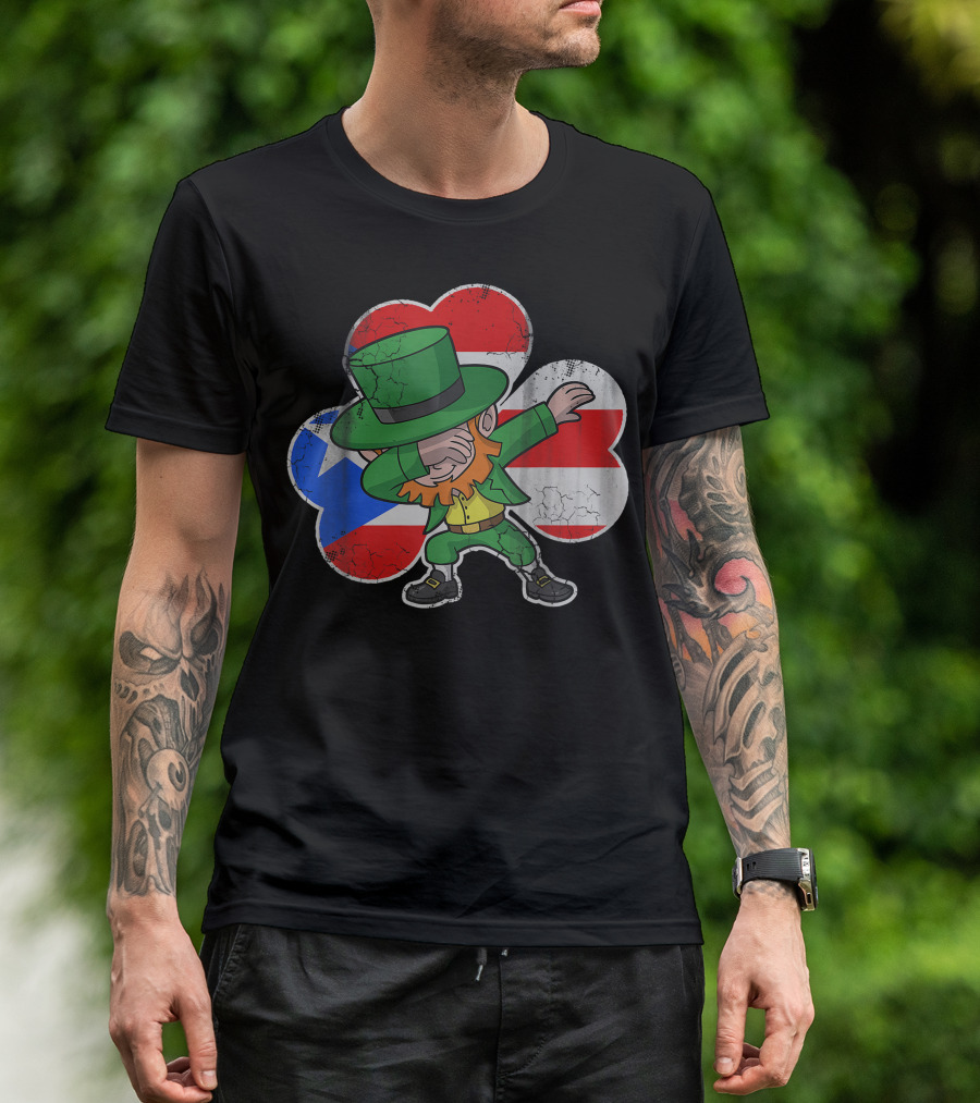 Leprechaun Dabbing Irish Puerto Rico Shamrock Flag T-Shirt