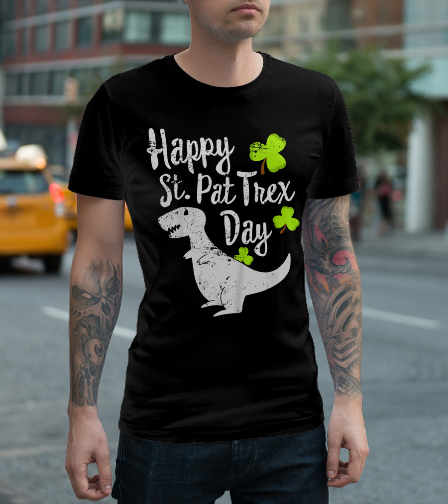 Happy St. Pat Trex Day Cute St. Patrick's Pun with T-Rex and Shamrocks T-Shirt