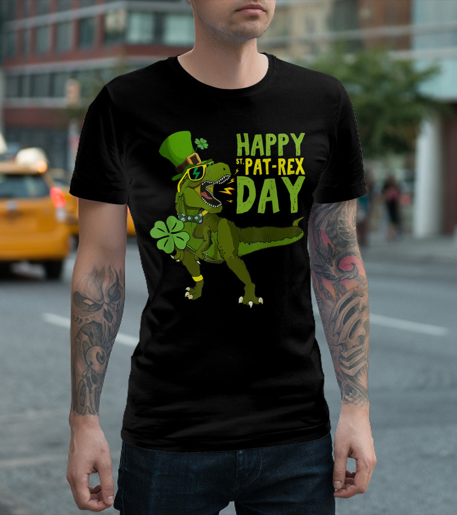 Happy St Pat-Rex Day Dinosaur with Shamrock and Leprechaun Hat T-Shirt