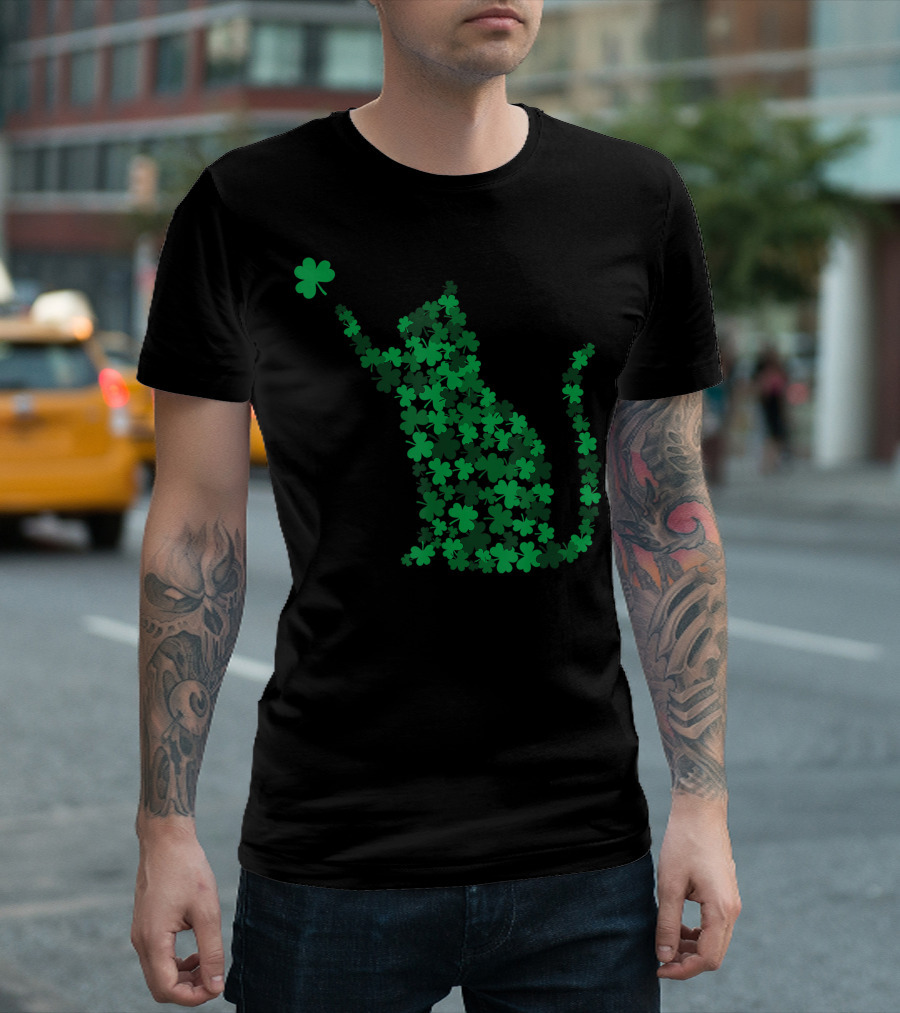Happy Saint Patrick's Day Shamrock Cat Silhouette with Clover T-Shirt