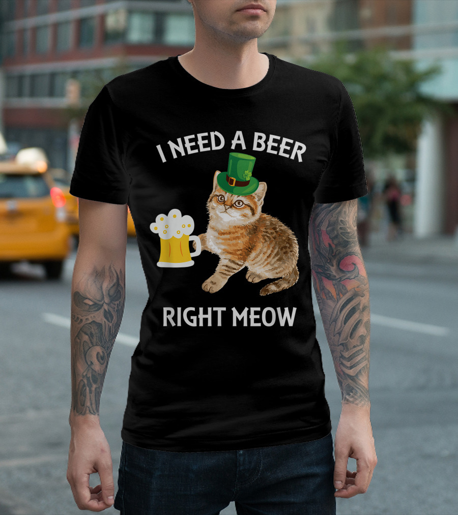 I Need a Beer Right Meow Irish Beer Cat St Patricks Day Drinking T-Shirt