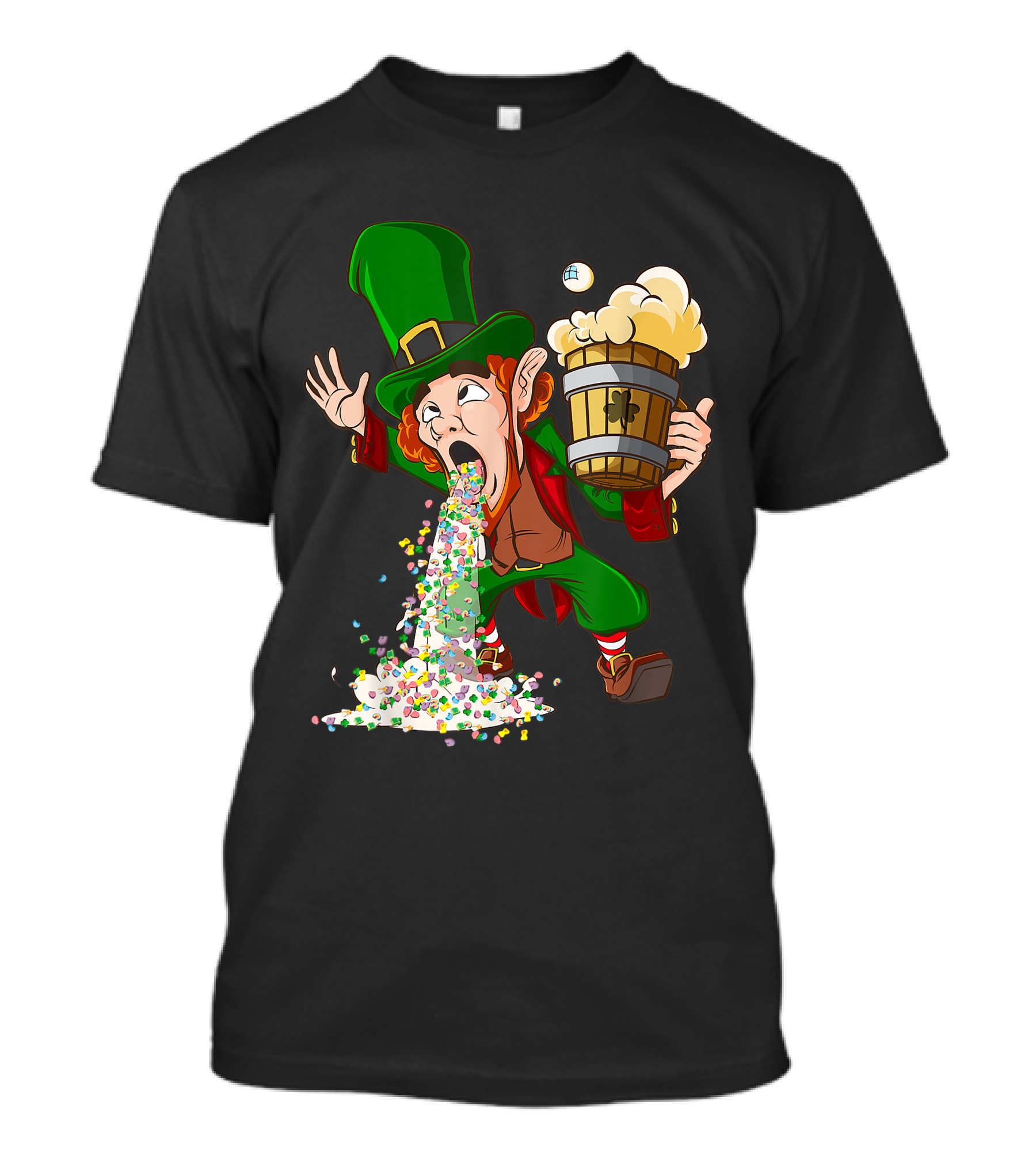 Funny St Patricks Day Drunk Leprechaun Puking With Beer And Clover Icons T-Shirt
