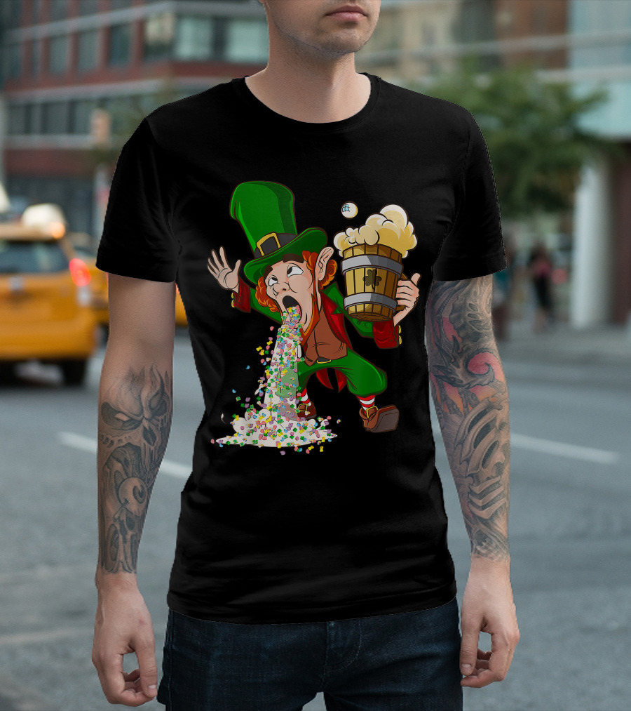Funny St Patricks Day Drunk Leprechaun Puking With Beer And Clover Icons T-Shirt