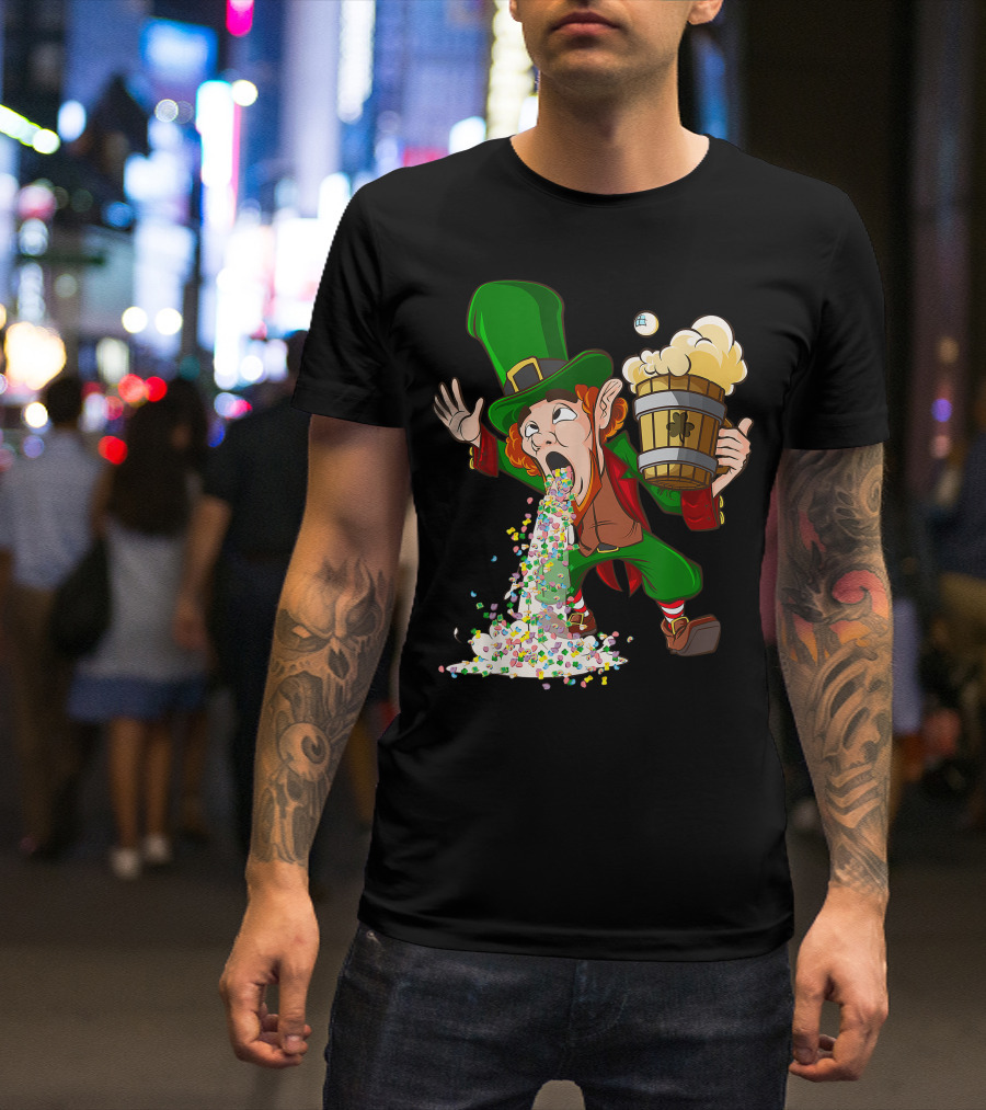 Funny St Patricks Day Drunk Leprechaun Puking With Beer And Clover Icons T-Shirt