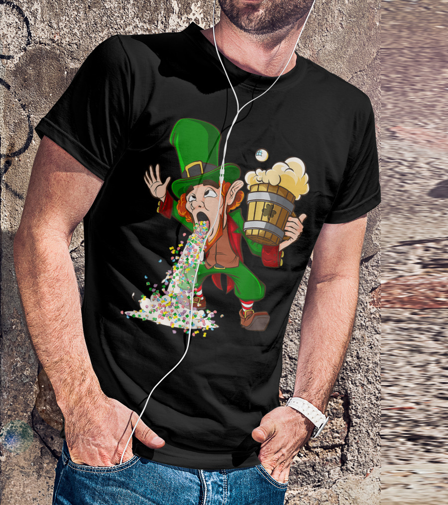 Funny St Patricks Day Drunk Leprechaun Puking With Beer And Clover Icons T-Shirt