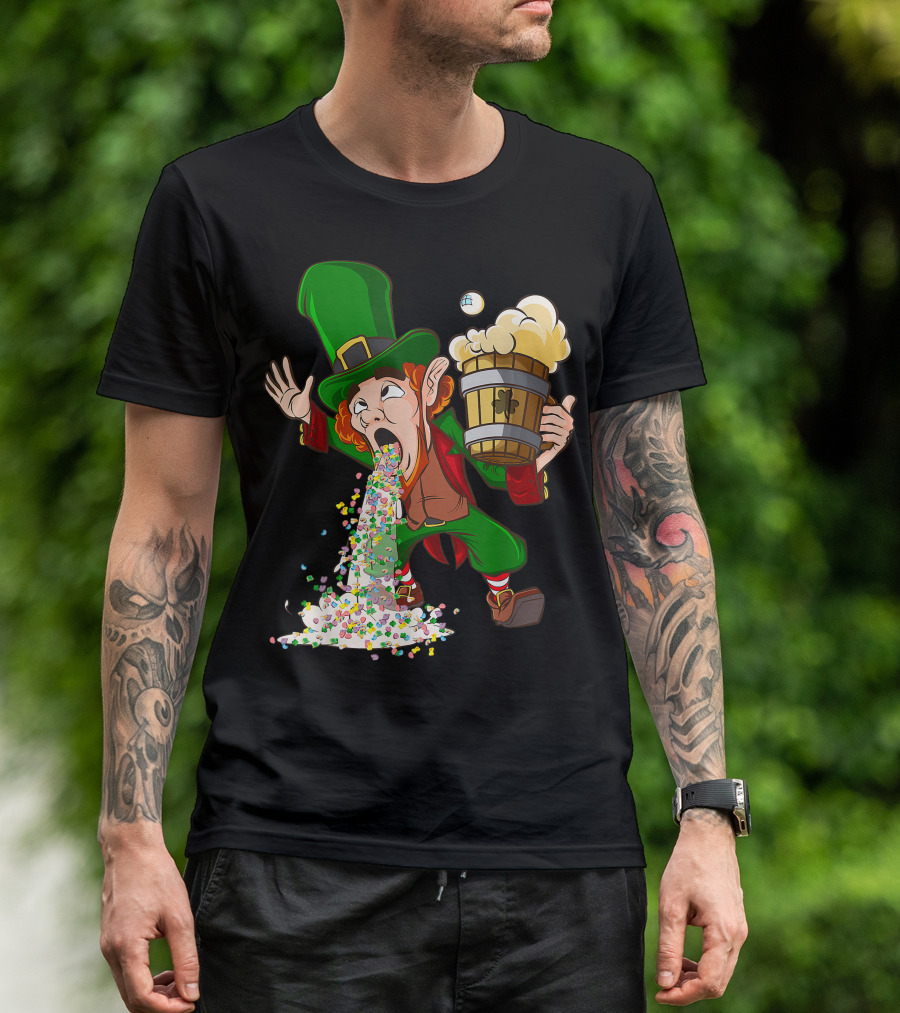 Funny St Patricks Day Drunk Leprechaun Puking With Beer And Clover Icons T-Shirt