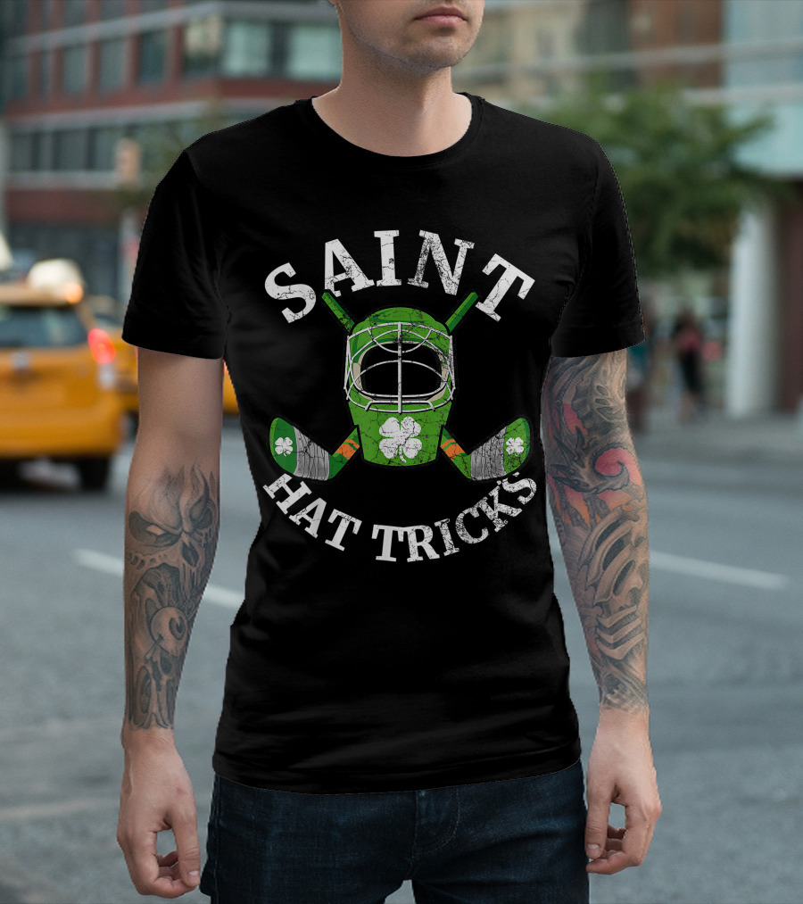 Saint Hattrick's Hockey Shamrock Goalie Mask and Sticks T-Shirt