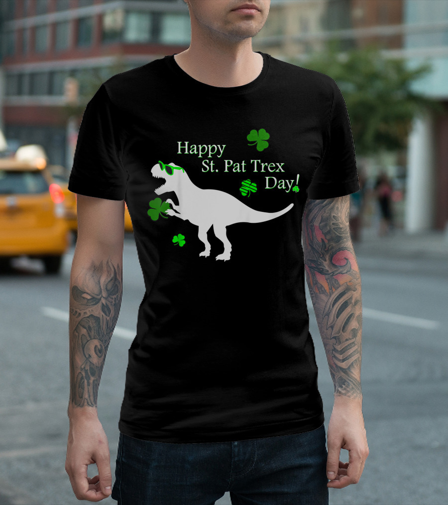 Kids Happy St Pat Trex Day Cute St Patrick's with Shamrocks and Dinosaur T-Shirt