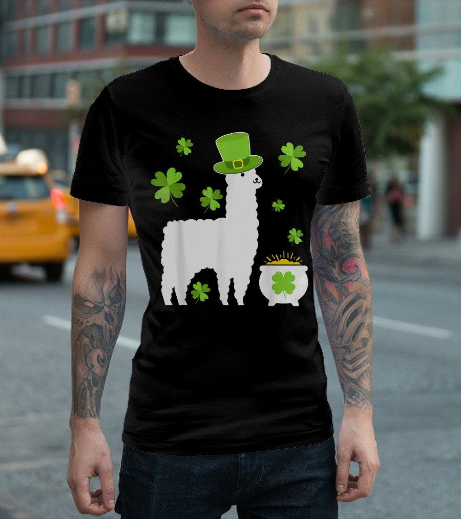 Llama Lovers Clovers Saint Patrick's Day Pot of Gold and Shamrocks T-Shirt
