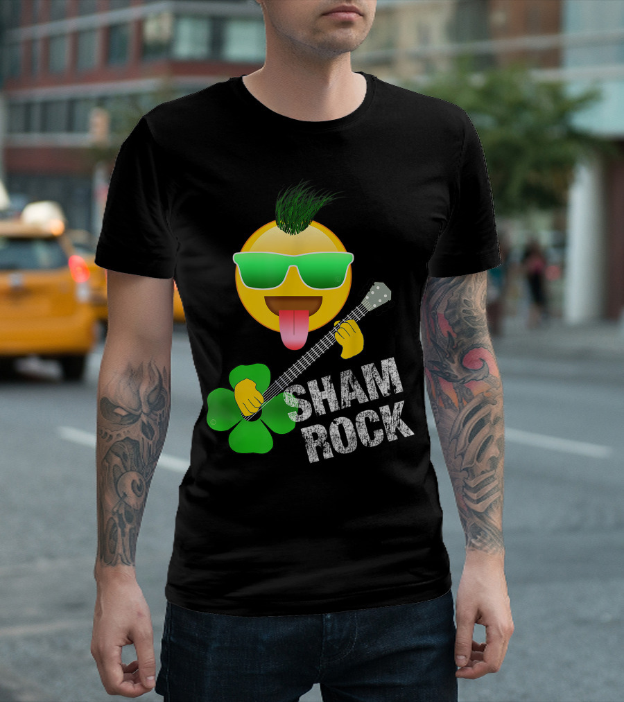 St. Patrick's Day Sham Rock Emoji with Guitar and Shamrock T-Shirt