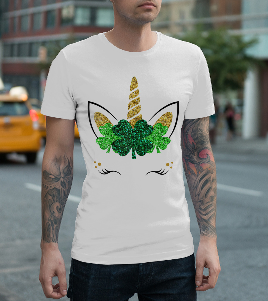 Unicorn Face Glitter Shamrock Clover St. Patrick's Day Girls T-Shirt