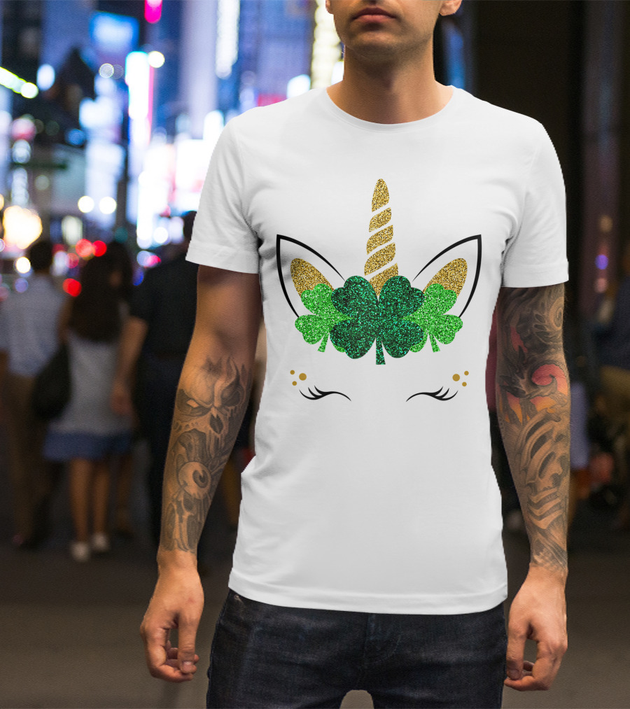 Unicorn Face Glitter Shamrock Clover St. Patrick's Day Girls T-Shirt