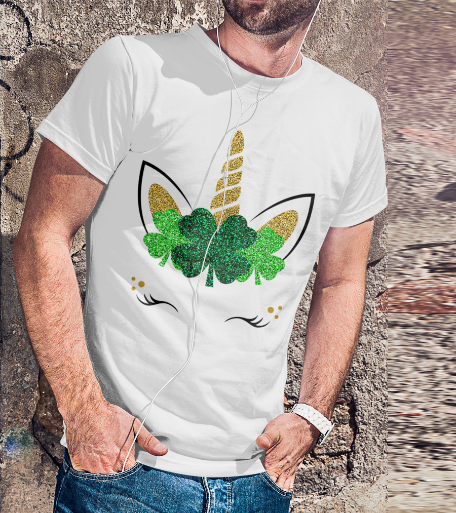 Unicorn Face Glitter Shamrock Clover St. Patrick's Day Girls T-Shirt