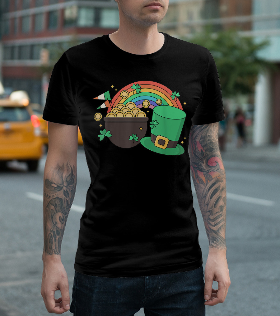 St Patricks Day Leprechaun Pot Of Gold With Rainbow And Green Hat T-Shirt