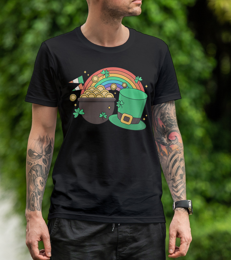 St Patricks Day Leprechaun Pot Of Gold With Rainbow And Green Hat T-Shirt