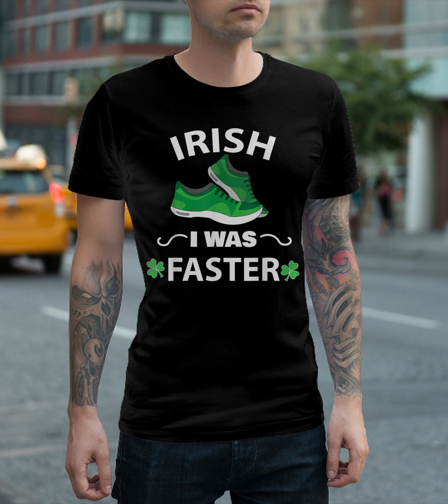 Irish I Was Faster Funny Running Shoes with Green Sneakers and Shamrocks T-Shirt