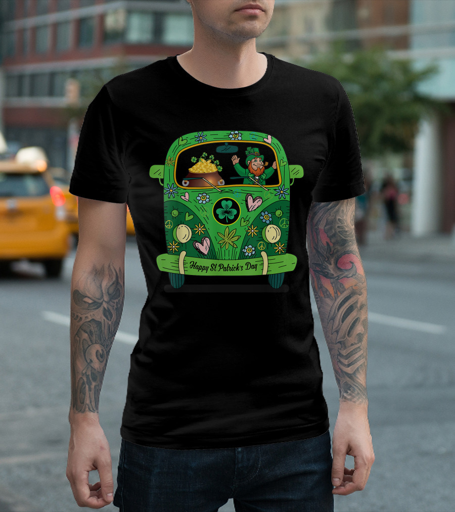 Happy St Patrick's Day Leprechaun Gold Pot Hippie Car T-Shirt