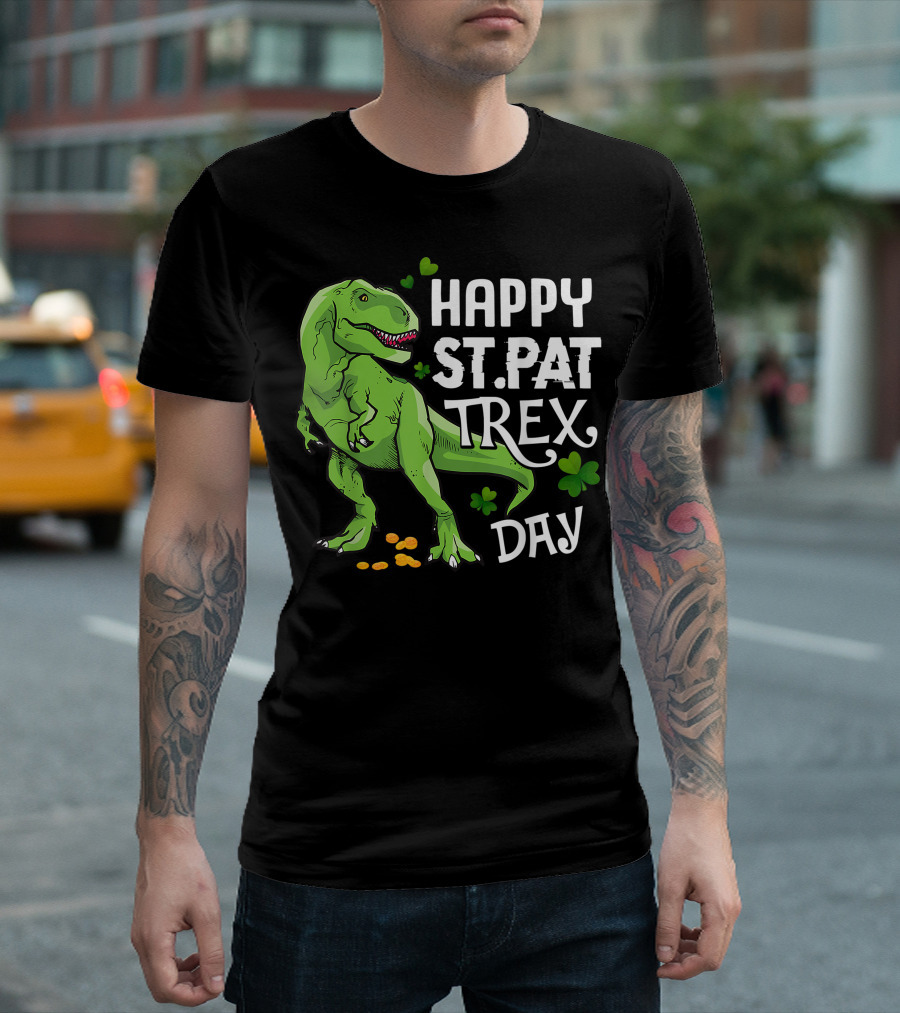 Happy St Pat T-Rex Day Dinosaur with Shamrocks and Coins T-Shirt