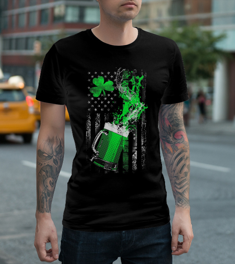 Green Beer Shamrock American Flag Splash T-Shirt
