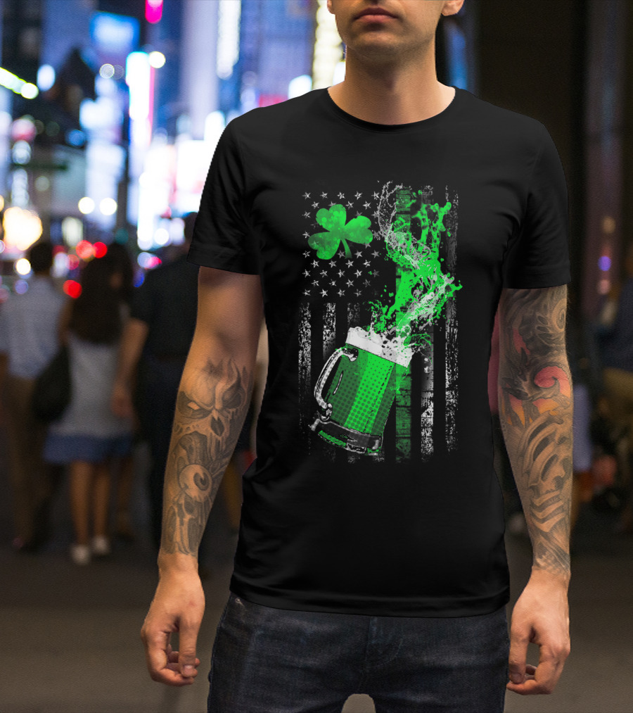 Green Beer Shamrock American Flag Splash T-Shirt