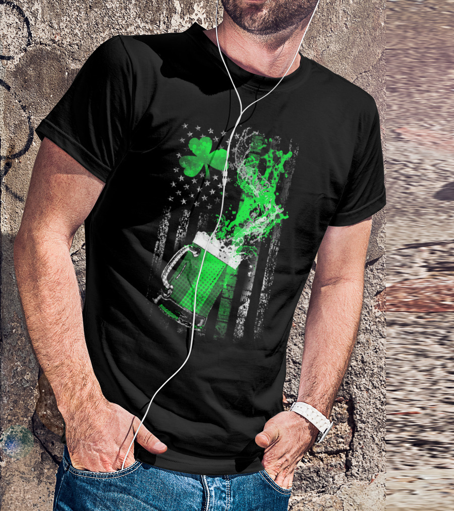 Green Beer Shamrock American Flag Splash T-Shirt