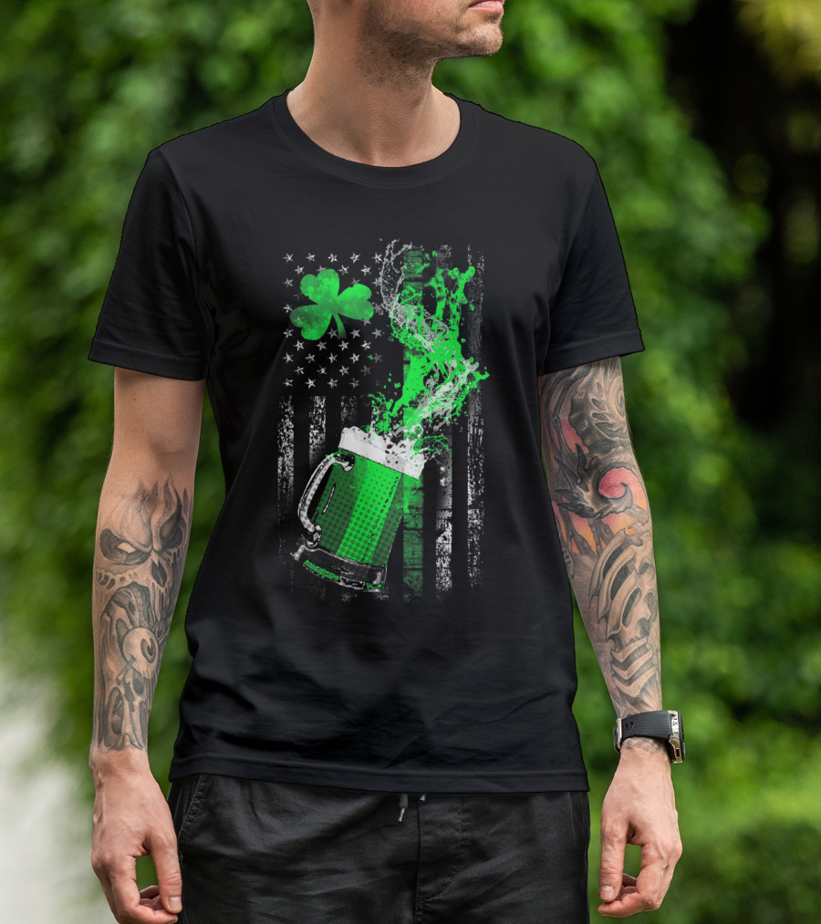 Green Beer Shamrock American Flag Splash T-Shirt