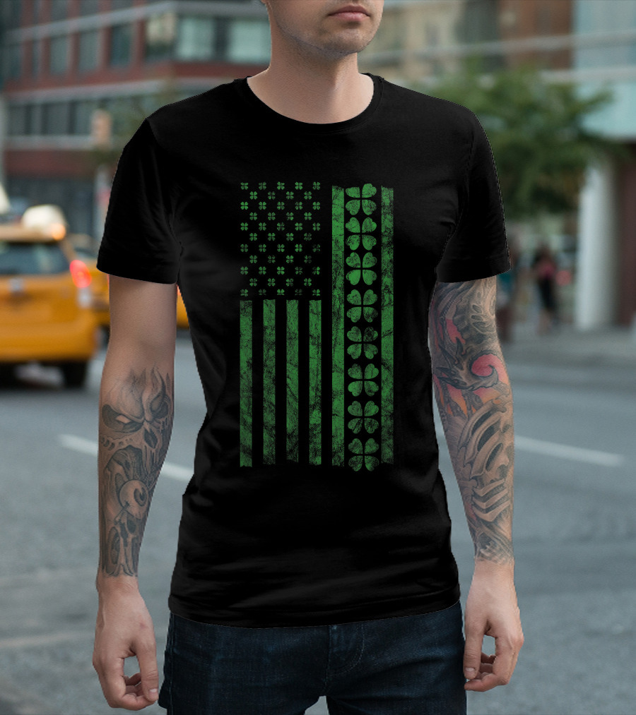 St. Patrick's Day American Flag Clover Shamrock T-Shirt